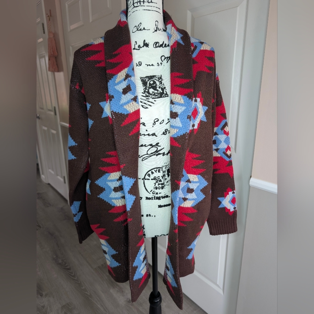 NWT Lucky Brand Aztec Pattern Open Front Cardigan - Brown, Red & Light Blue